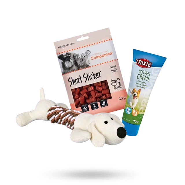 Kit med Flossdyr, Premio Fuglepaté 110g og Beef Sticks 80 g