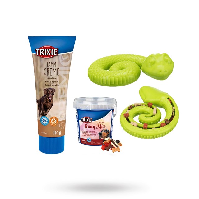 Dog toy, treat mix & lamb paté kit