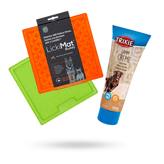 Kit With 2 Pcs Lickimat Bowl/licking Mat 20x20 Cm Green Och Orange & Premio Lamb Paté Tube 110 G