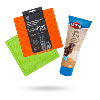 Kit With 2 Pcs Lickimat Bowl/licking Mat 20x20 Cm Green Och Orange & Premio Lamb Paté Tube 110 G