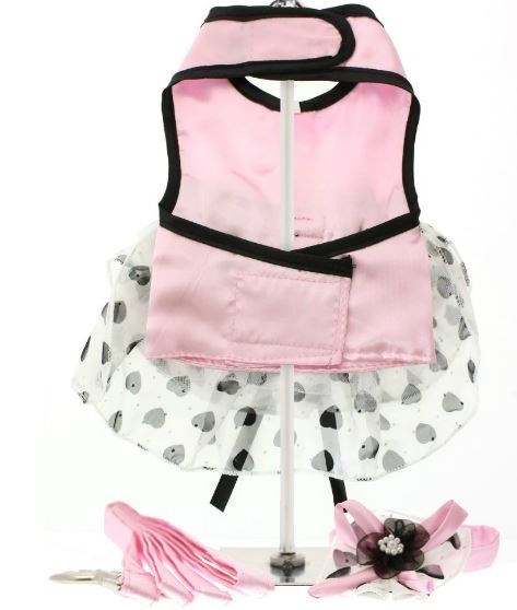 Pink Satin & Hearts Chiffon - Kjole med Kobbel, Hatt & Integrert Sele